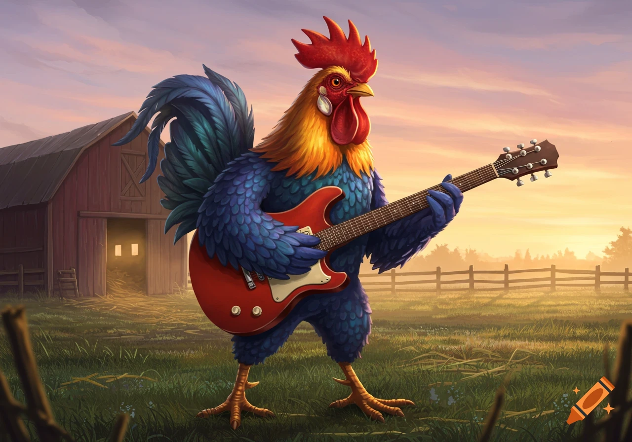 A stylized cartoon rooster with blue feathers and a red comb plays a red electric guitar in front of a barn at sunset.