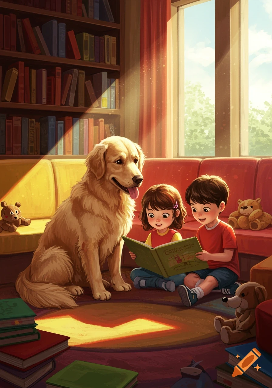 Illustration of two children and a golden retriever sitting on the floor, reading a book together in a cozy room with a bookshelf.