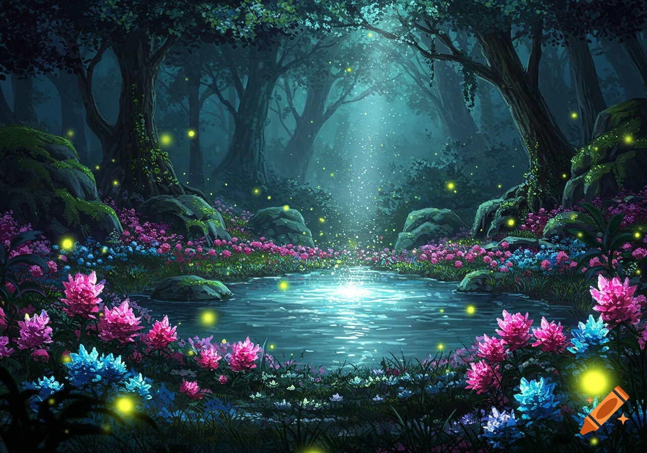Enchanted forest with a glowing lagoon, vibrant pink and blue flowers, and sparkling fireflies.