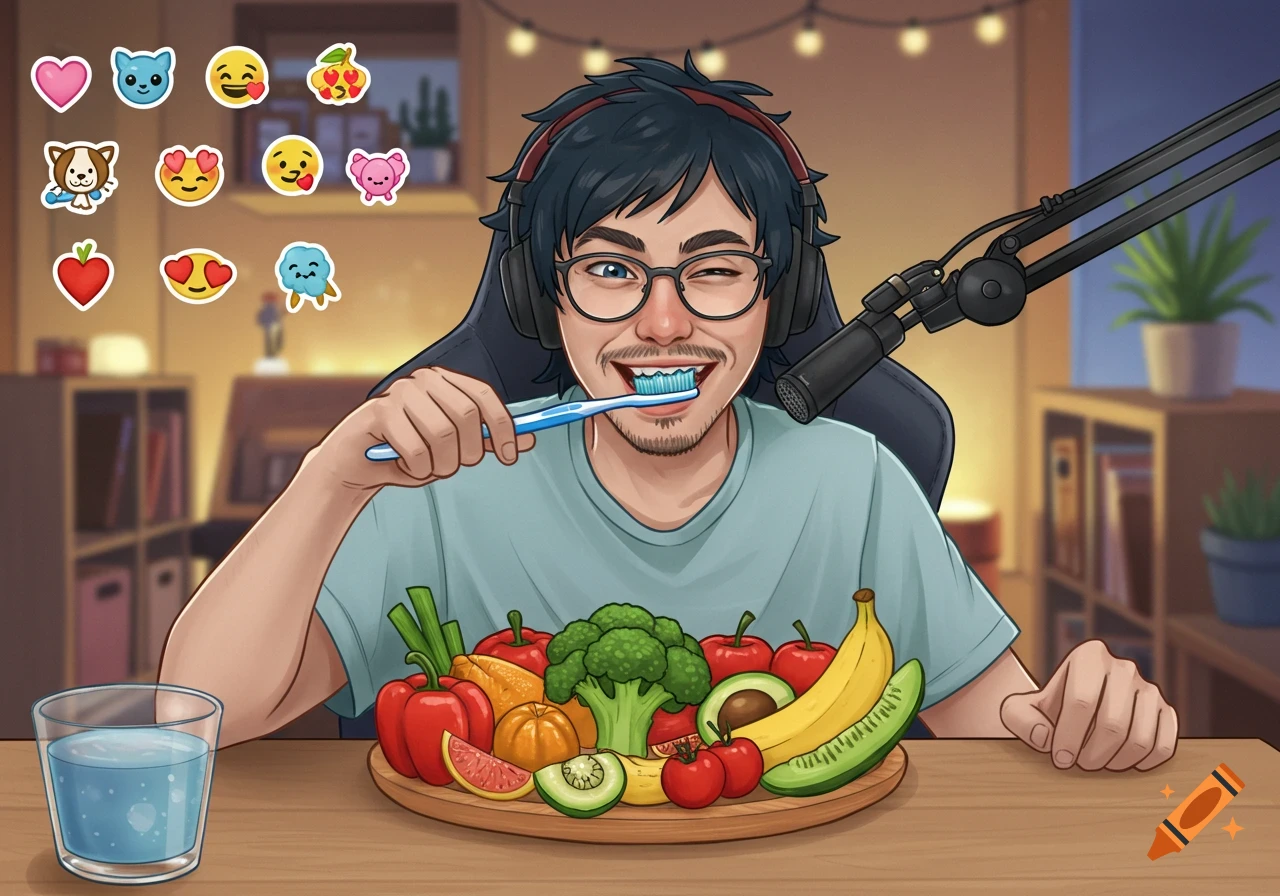 A cartoon streamer with headphones and glasses brushes his teeth, surrounded by a microphone and a plate of healthy fruits and vegetables.