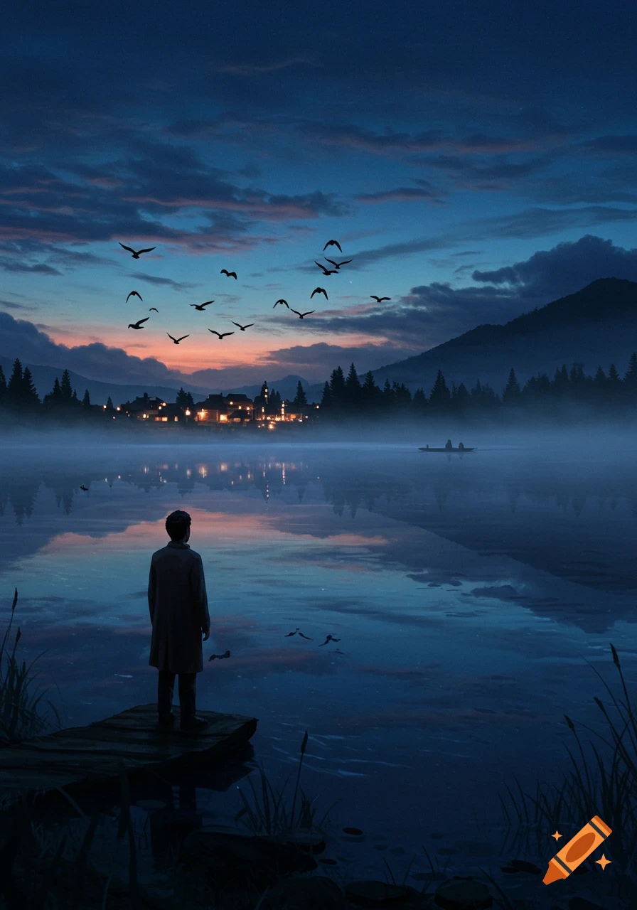 A lone person stands on a dock by a misty lake, looking towards a distant village at twilight with birds flying in the dramatic sky.