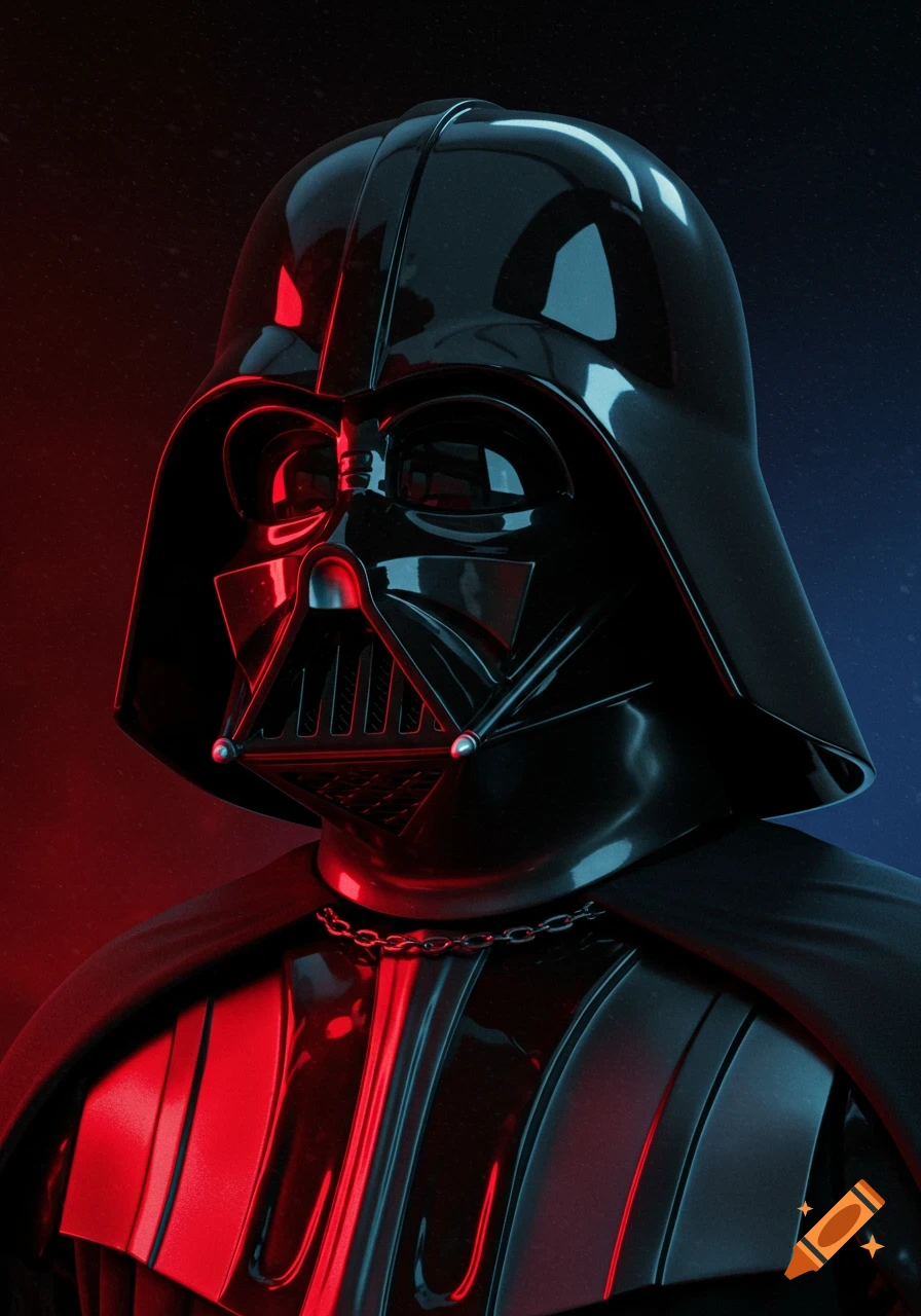 Photorealistic close-up of Darth Vader's helmet and chest armor, illuminated by dramatic red and blue lighting.