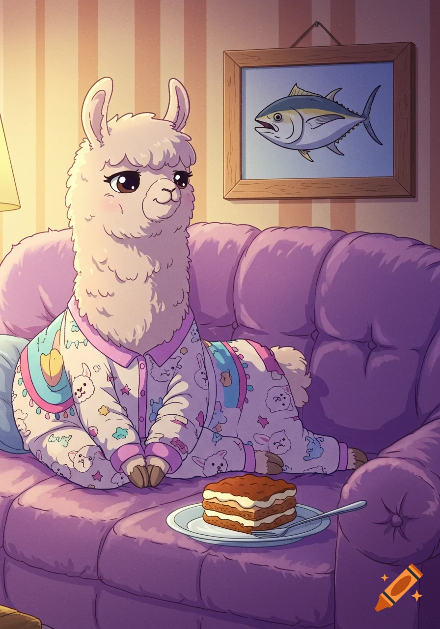An anime llama in patterned pajamas sits on a purple couch with a slice of tiramisu, looking at a framed painting of a tuna fish.