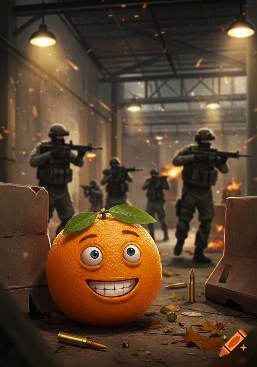 A happy cartoon orange stands in the foreground of a gritty urban combat zone with blurred soldiers, bullets, and explosions in the background.