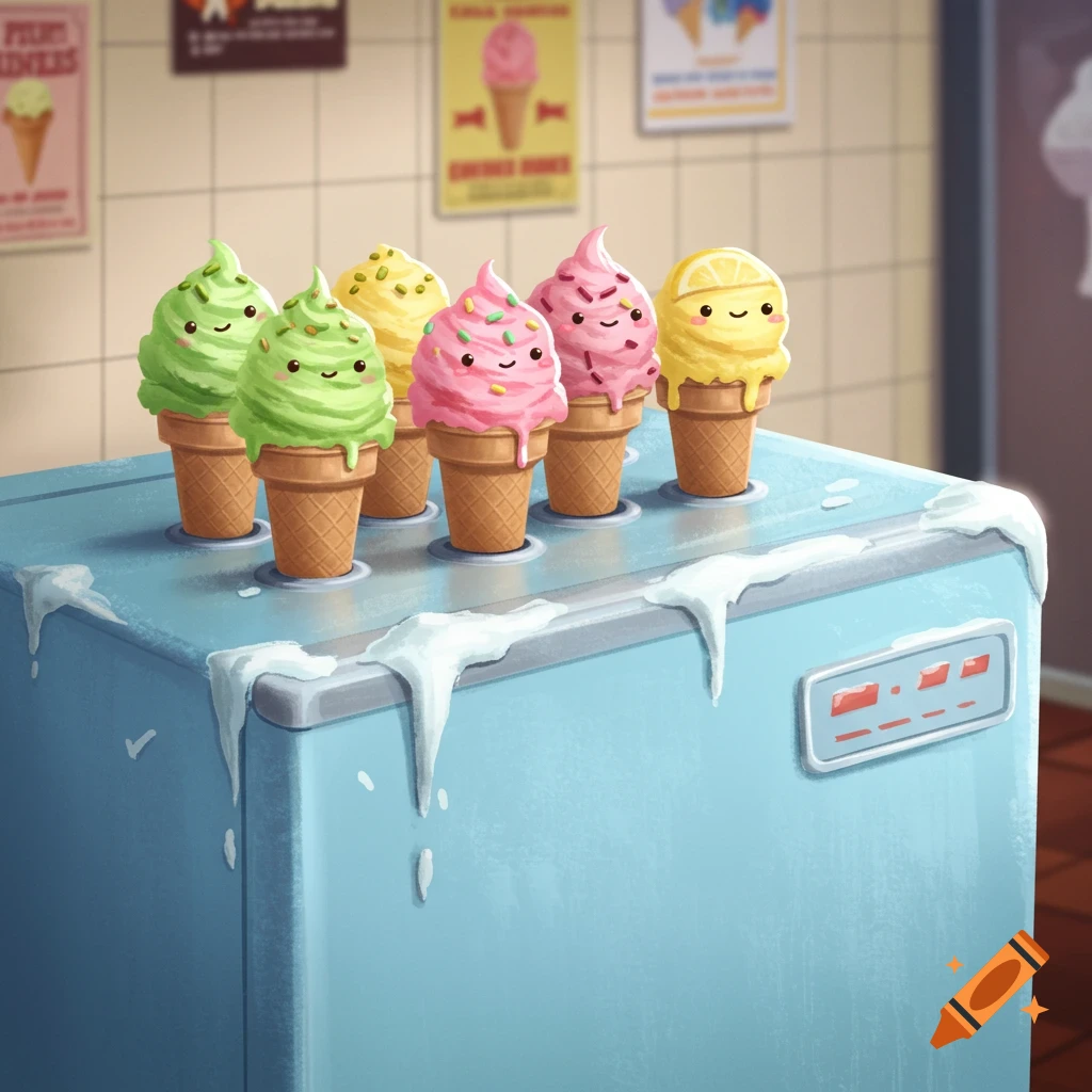 Cartoon illustration of six adorable, smiling ice cream cones on a blue freezer with melting ice.