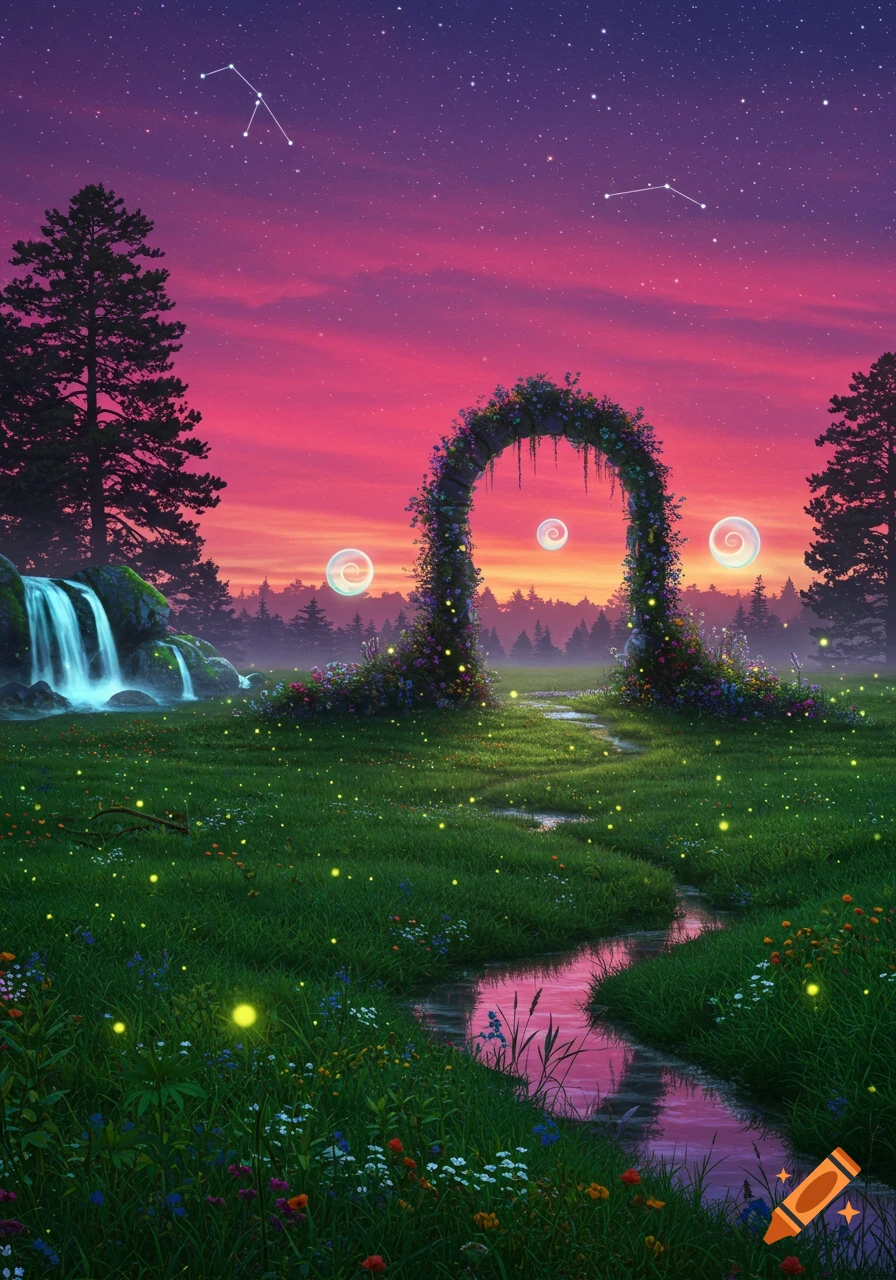 A vibrant fantasy landscape at twilight with a pink sky, a waterfall, a flower-covered arch, a glowing stream, and fireflies.