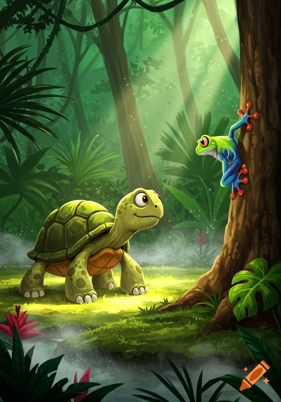 Cartoon turtle looks at a colorful tree frog on a tree trunk in a sunny, vibrant jungle illustration.