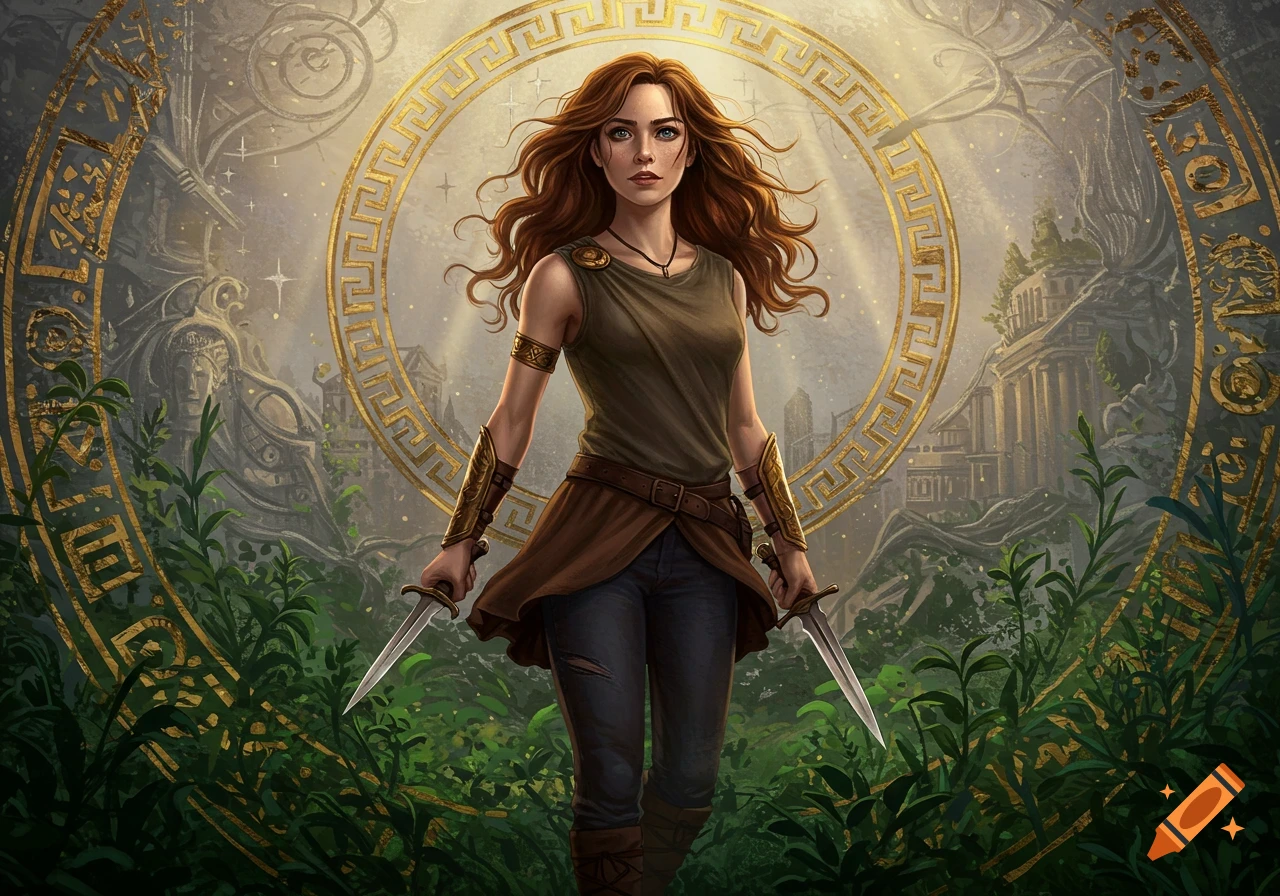 A female warrior with long brown hair stands holding two daggers, surrounded by glowing golden Greek patterns and lush green foliage.