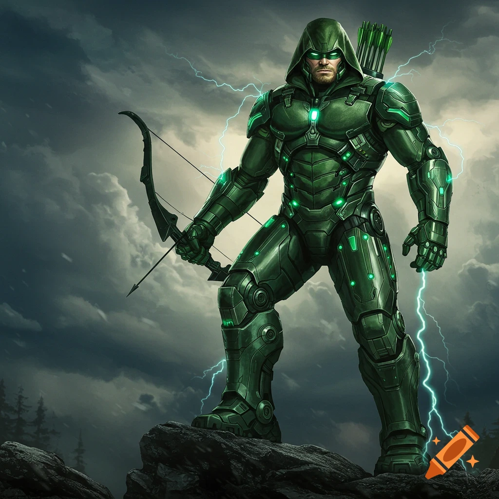 A Green Arrow-like superhero in a glowing green armored suit holds a bow on a stormy cliff with lightning.