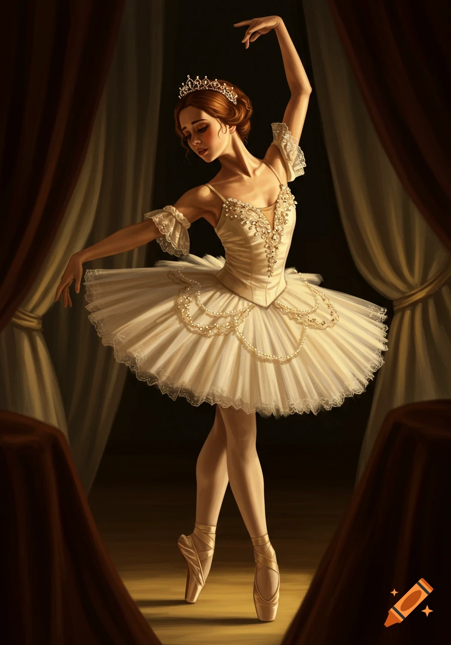 A graceful ballerina in a white tutu and tiara poses under a spotlight on a dark stage with draped curtains, in a painterly style.