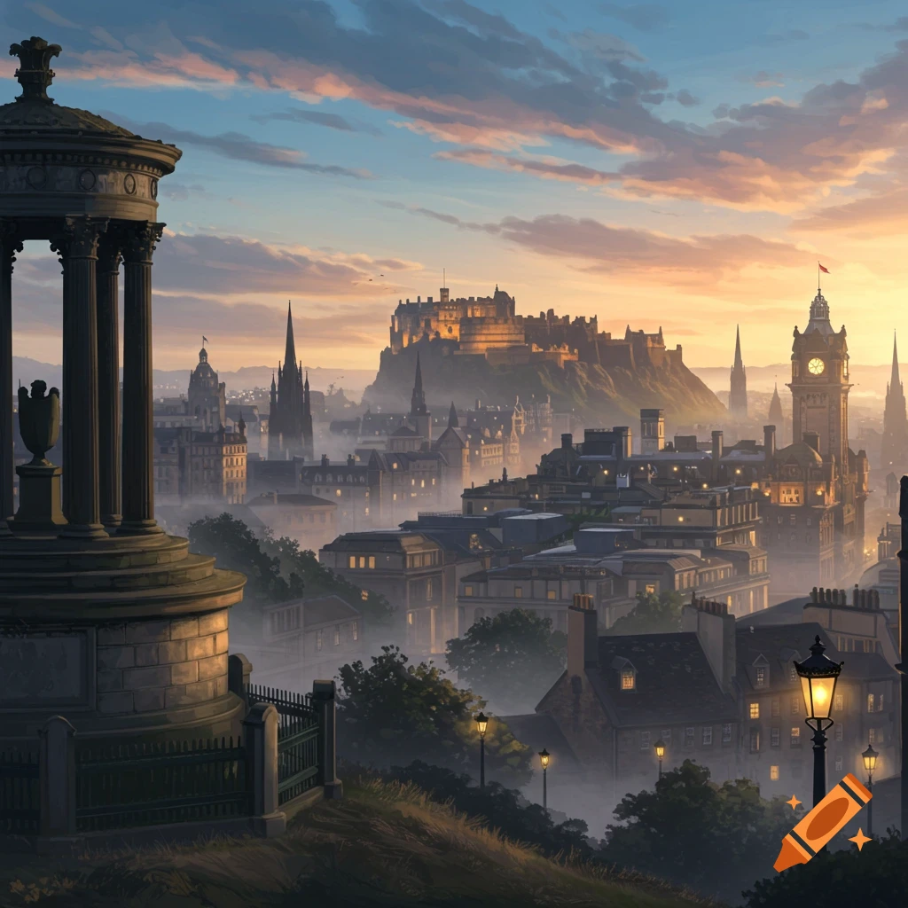 Misty Edinburgh cityscape at sunrise with the Scott Monument, Edinburgh Castle, and a clock tower under a colorful sky.