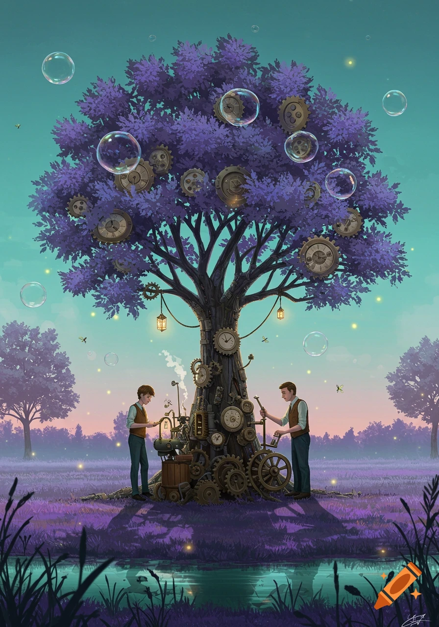 Illustration of two men maintaining a mechanical tree with gears and clocks, in a whimsical purple landscape with bubbles and fireflies.