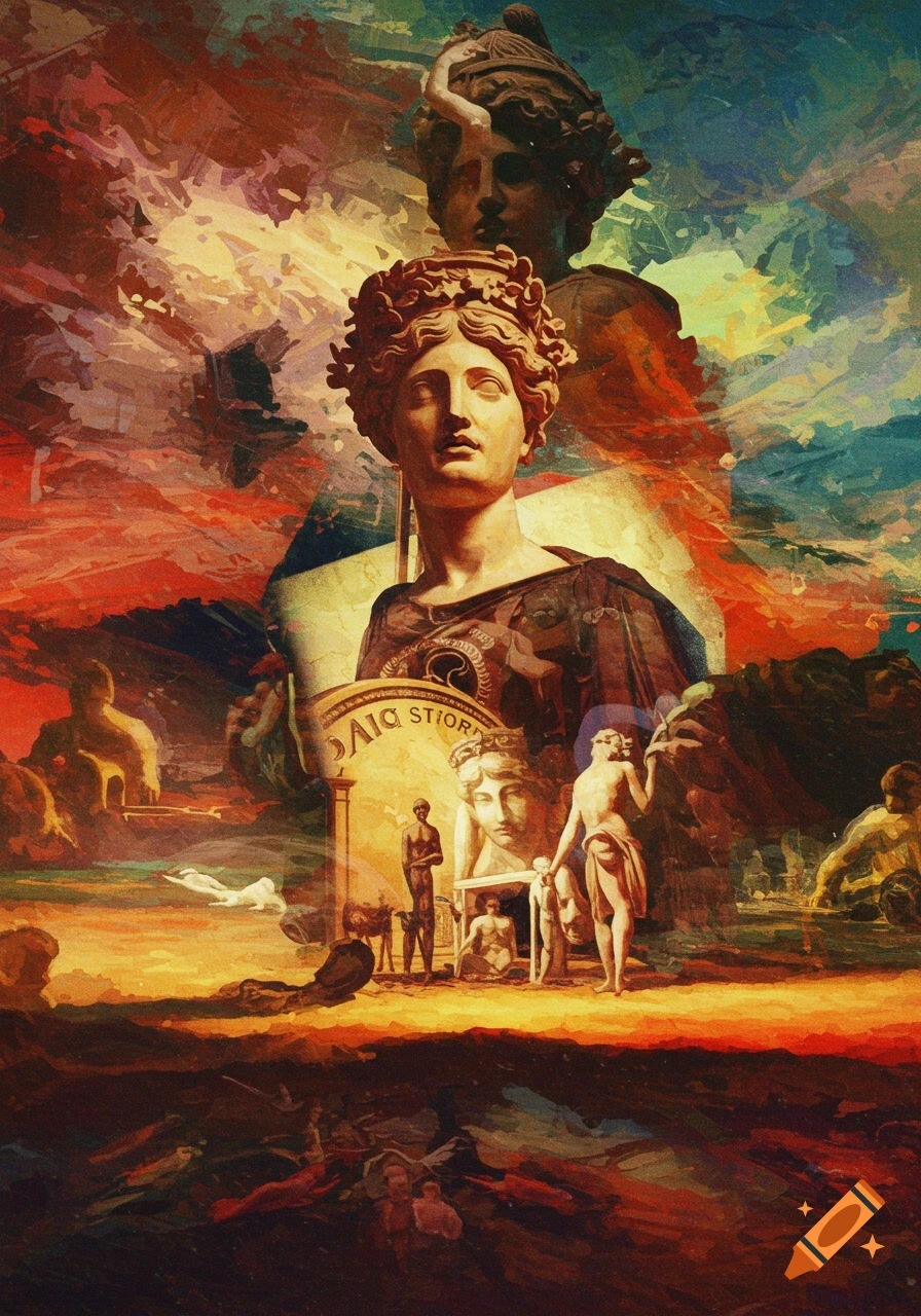 A vibrant, painterly collage of classical busts and statues, with abstract color fields and a surreal landscape.