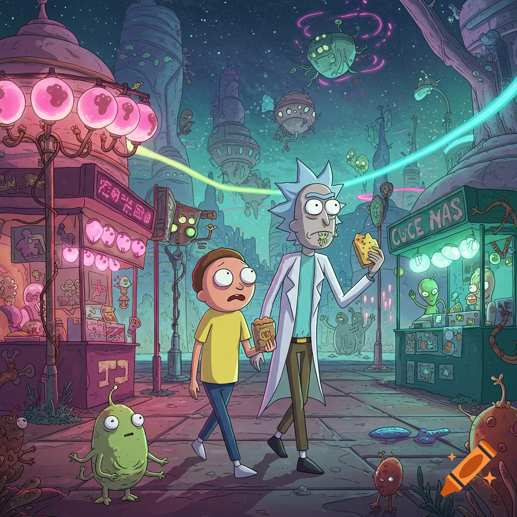 Rick and Morty walk through a vibrant alien city at night with glowing shops, flying saucers, and small creatures. Cartoon style.
