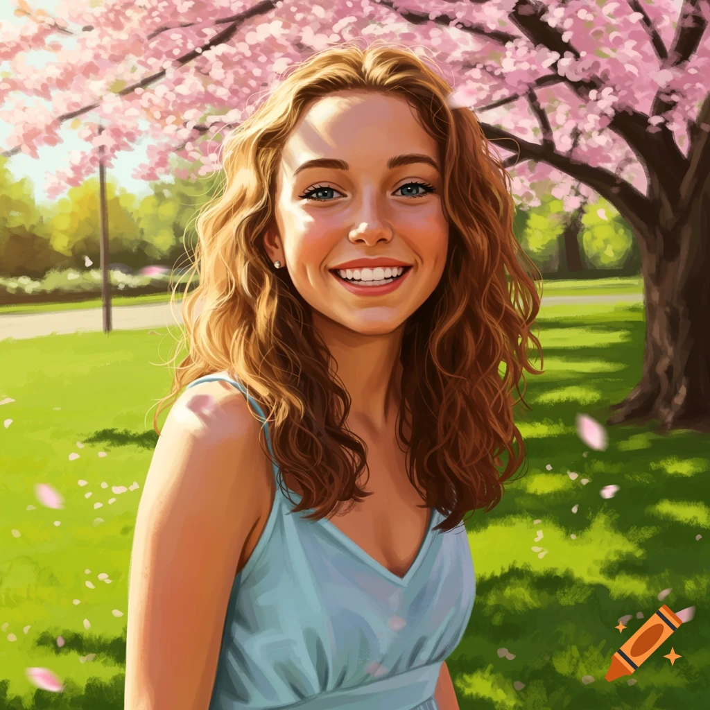 A smiling young woman with curly hair in a light blue dress in a vibrant park with pink cherry blossoms, illustration.