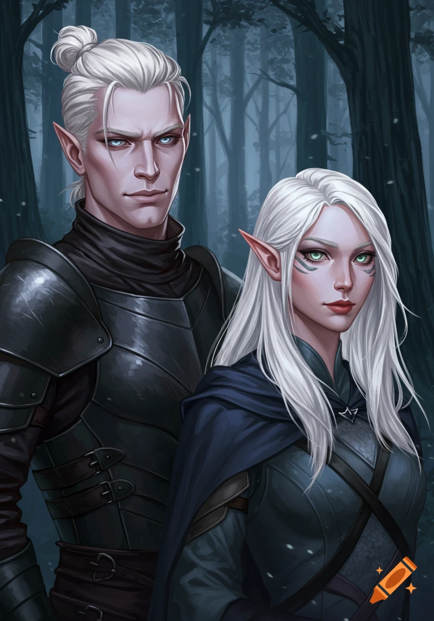 Digital painting of two pale-skinned fae warriors with white hair and pointed ears in dark armor, standing in a twilight forest.