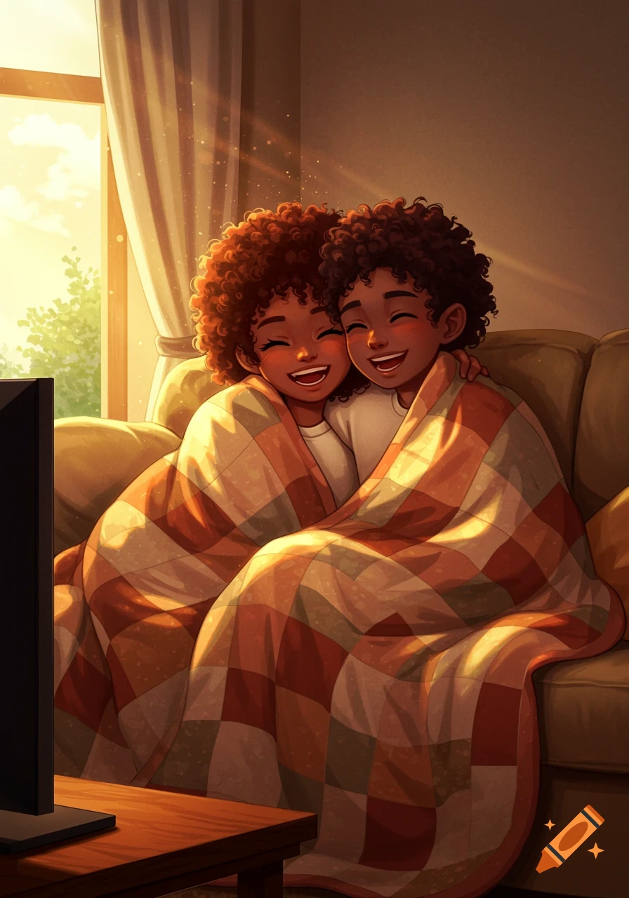 Animated style image of two smiling, curly-haired children snuggled under a plaid blanket on a couch, watching TV in a sunlit room.