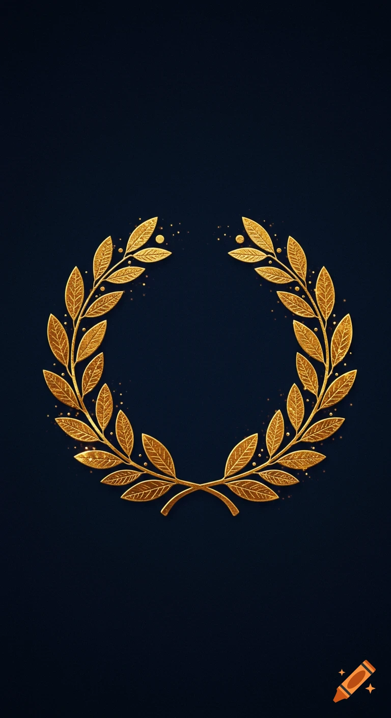 A shimmering golden laurel wreath with delicate leaves and tiny glowing specks, set against a dark blue background.
