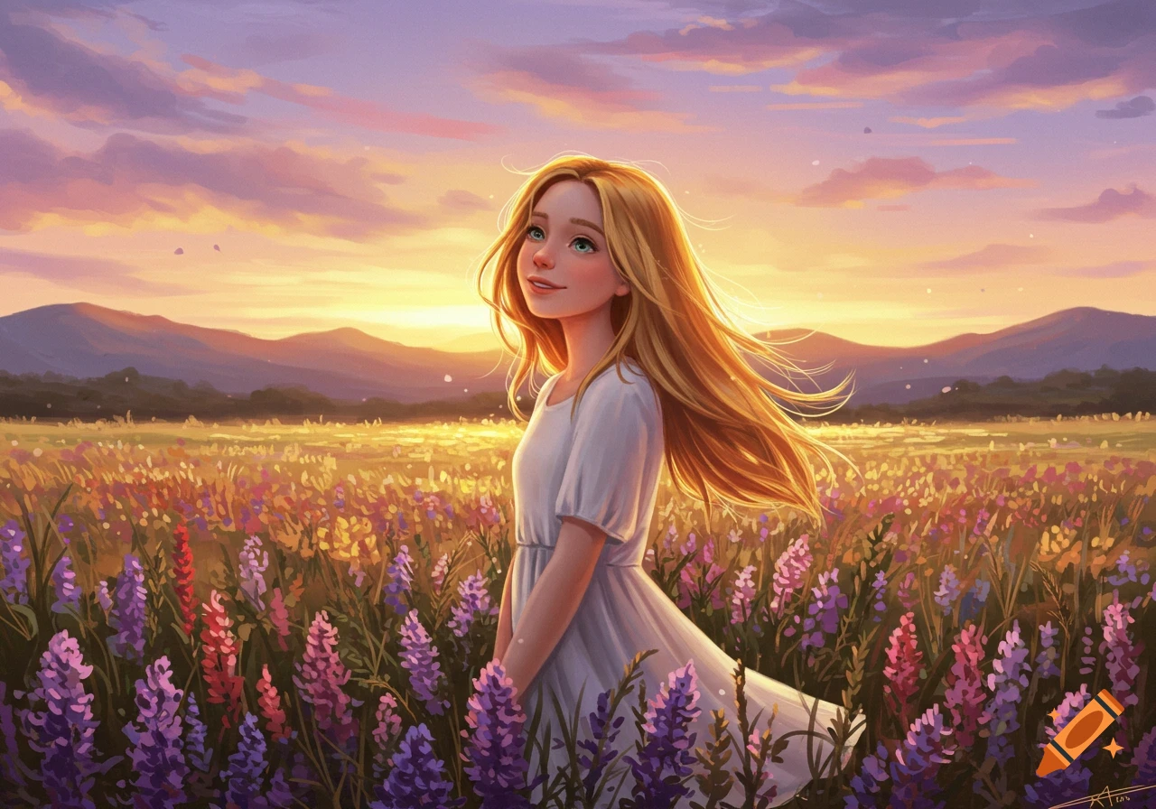 A smiling girl with long blonde hair in a white dress stands in a field of purple and yellow flowers at sunset, mountains in the background, digital painting.