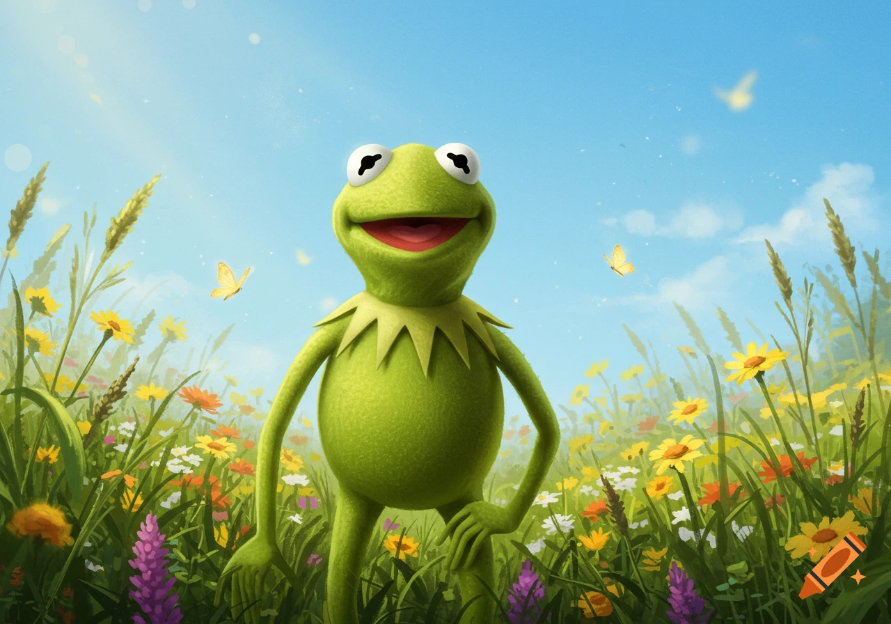 Kermit the Frog stands smiling in a vibrant field of colorful wildflowers under a bright blue sky with butterflies. Illustrated style.