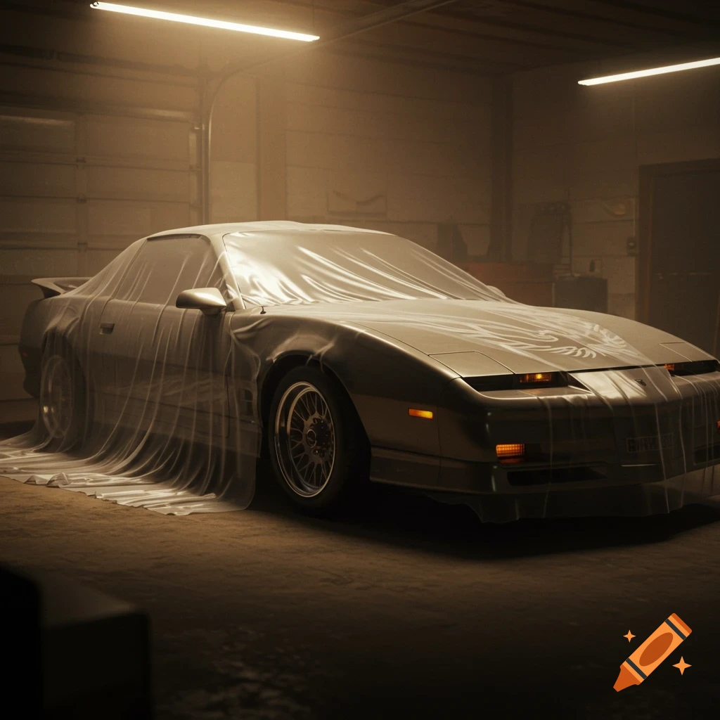 A photorealistic Pontiac Trans Am sports car covered in a translucent tarp, parked in a dimly lit garage.