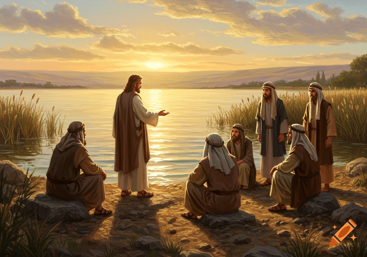 Jesus speaks to his disciples on the shore of a lake at sunset, rendered in a classical painting style.