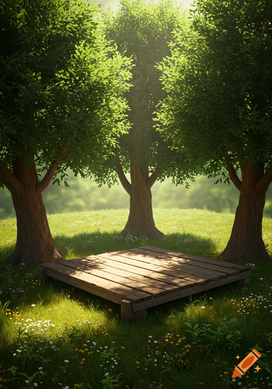 A sunlit wooden platform sits on green grass amidst wild flowers, surrounded by three large trees with lush green leaves.