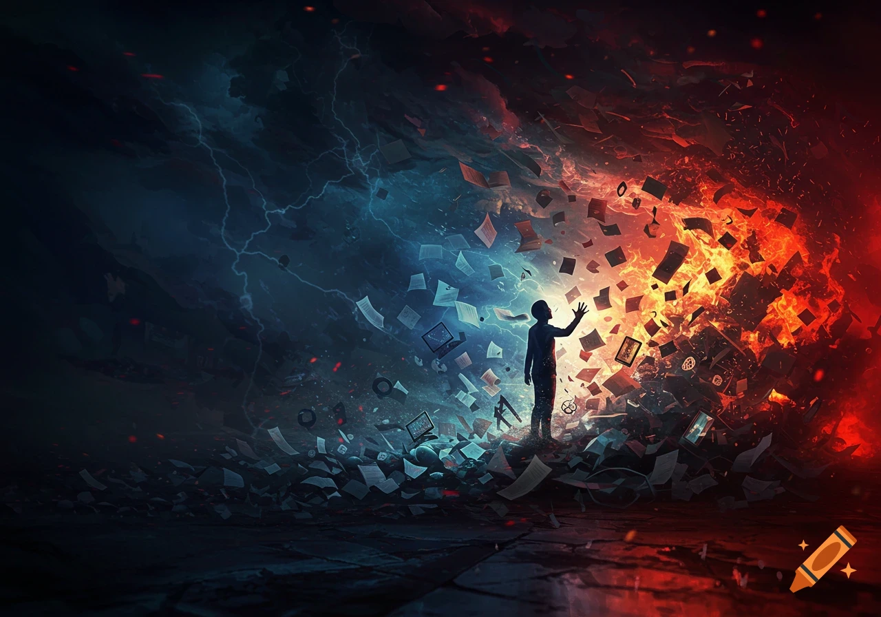 A person's silhouette stands in a dramatic digital art scene of swirling papers, lightning, and fire, symbolizing chaos and being overwhelmed.