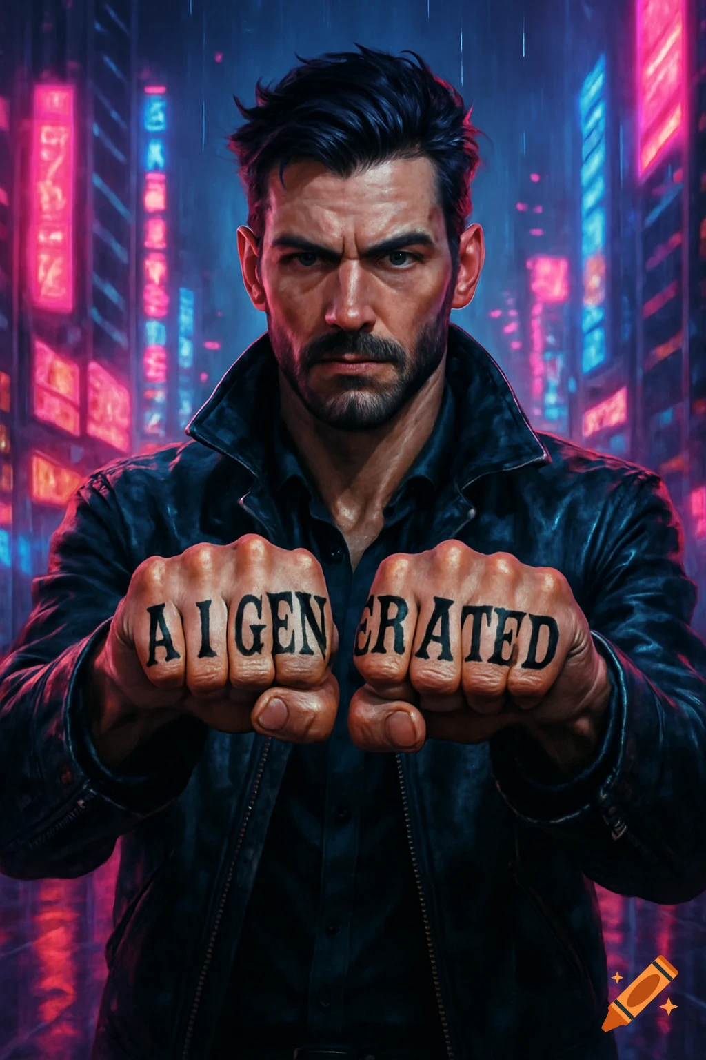 A stern man in a leather jacket shows knuckle tattoos reading 'AI GENERATED' against a neon cyberpunk city.