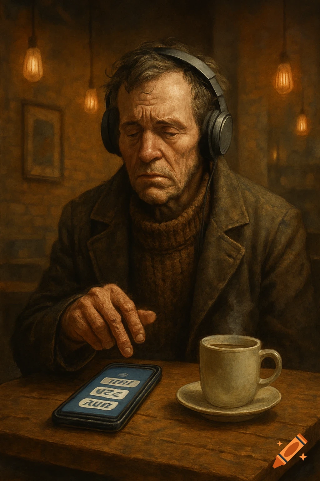 An elderly man with headphones, looking down at a smartphone on a wooden table next to a steaming cup of coffee. The image has a dark, painterly style, with warm lighting from overhead bulbs.