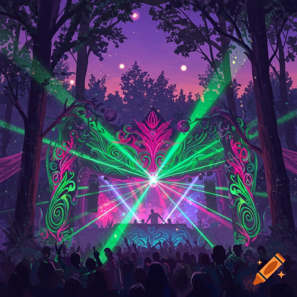 A vibrant illustration of a psychedelic forest festival at night with a DJ, crowd, neon lights, and glowing decor.