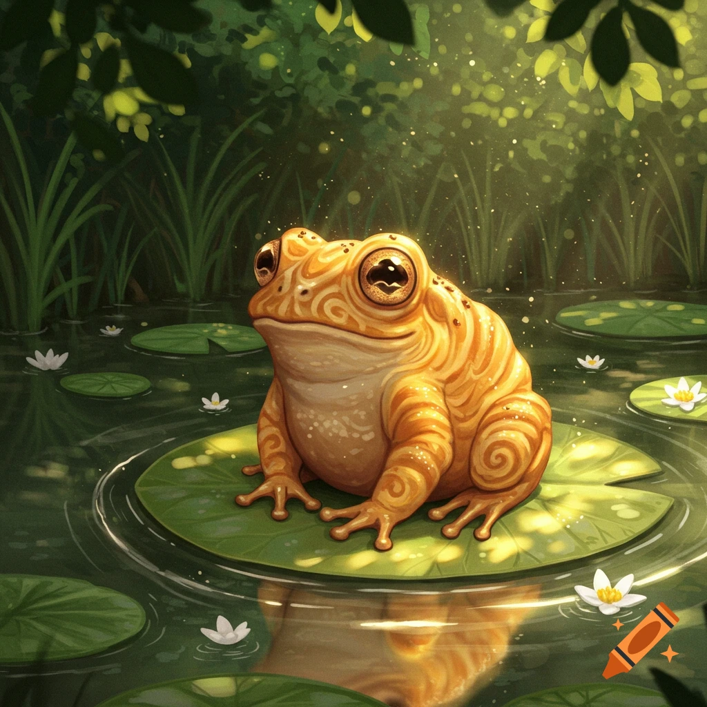 A stylized golden frog with intricate patterns sits on a lily pad in a shimmering pond with small white flowers.