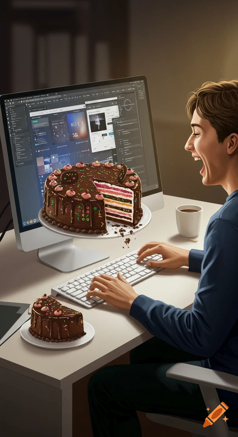 Happy person types at a computer with a chocolate cake emerging from the screen and a slice on the desk.