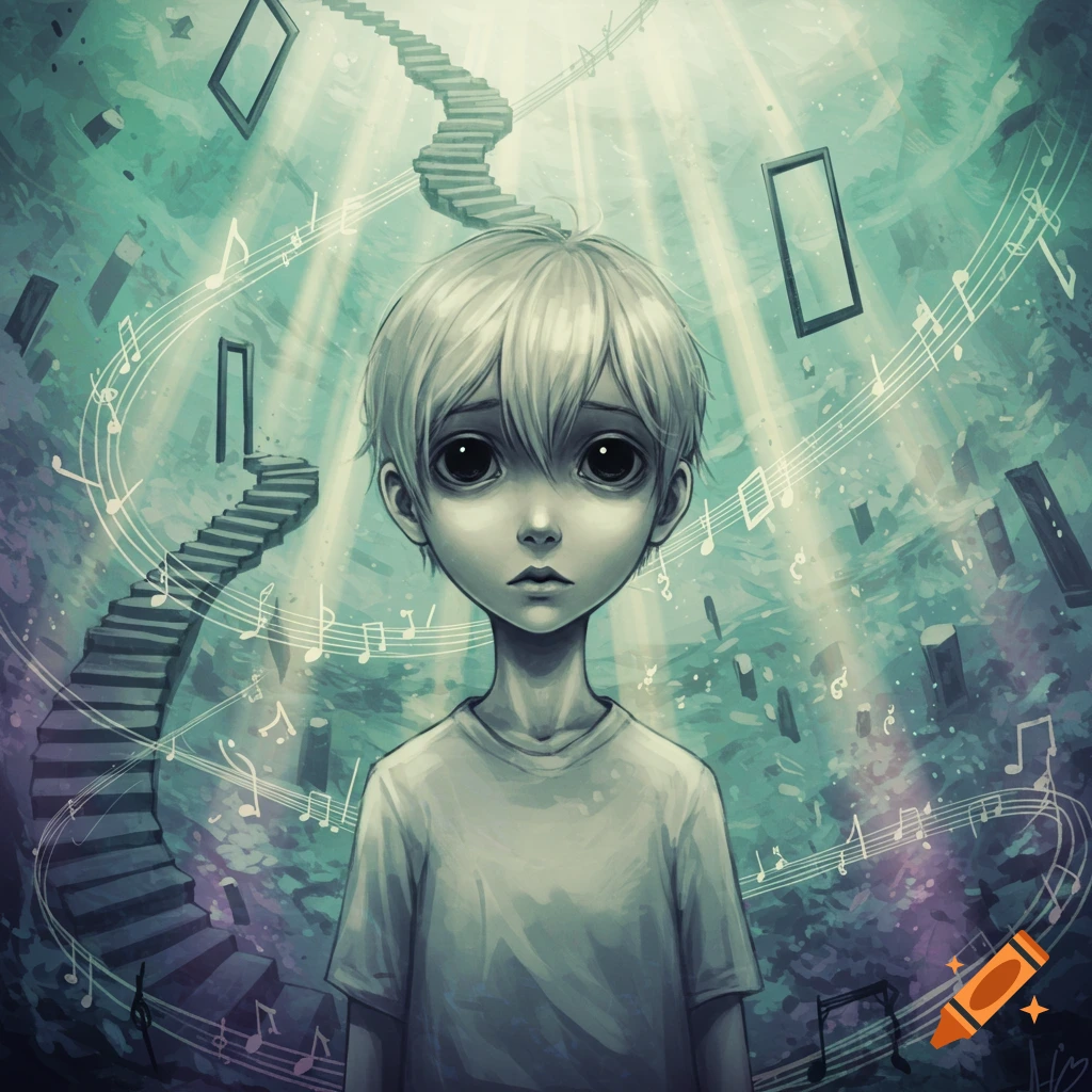 Stylized illustration of a sad child with big eyes amidst floating musical notes, winding stairs, and frames in a surreal teal landscape.