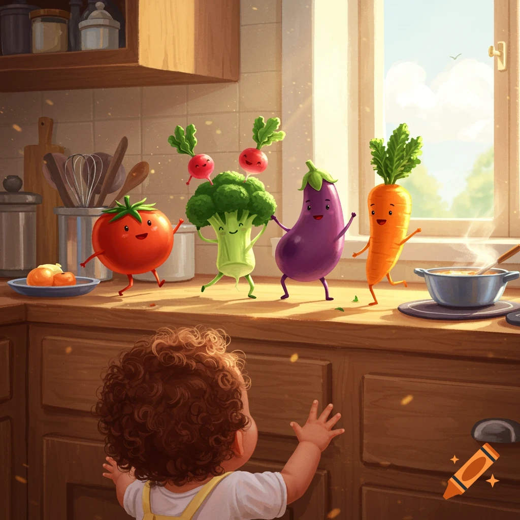 A toddler watches cartoon vegetables dance on a sunlit kitchen counter in a cheerful, illustrated style.