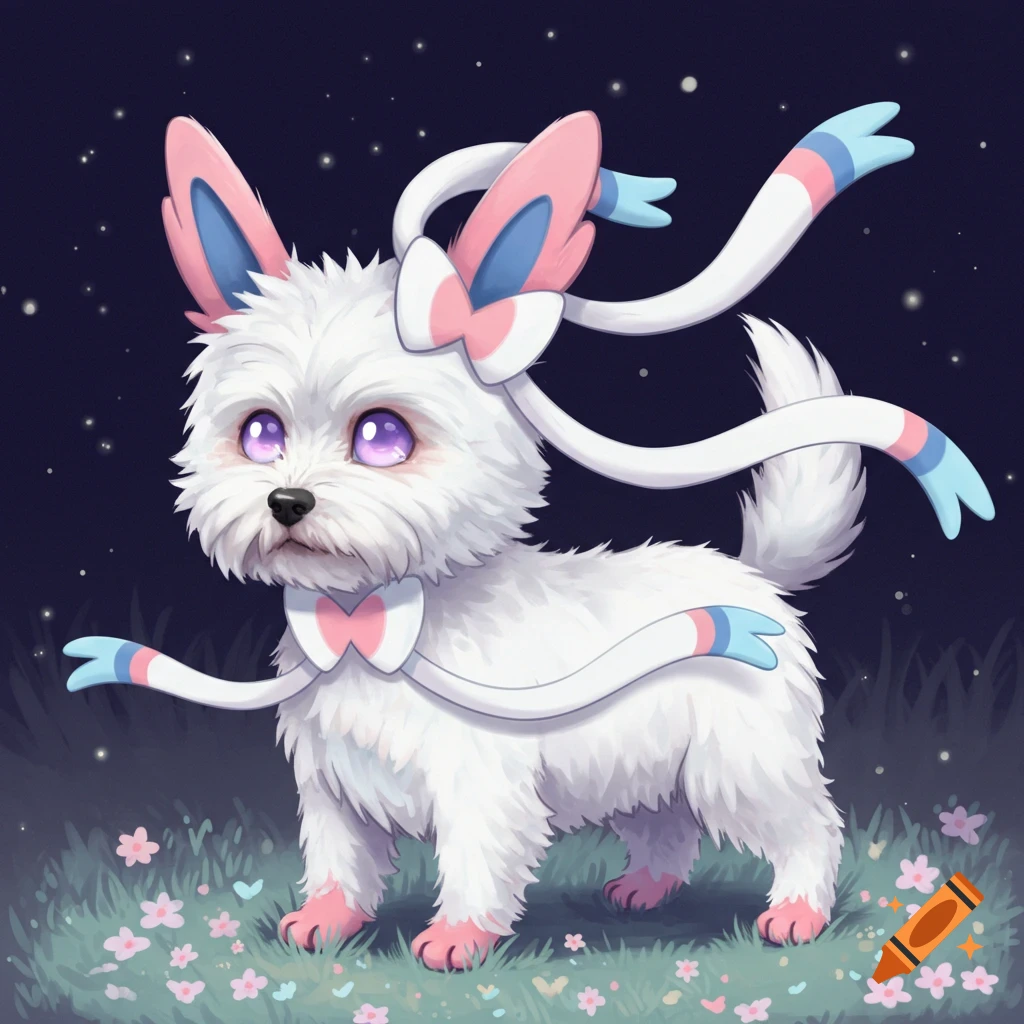 A fluffy white dog with large purple eyes and Sylveon-like ribbons stands in a flower field under a starry night.