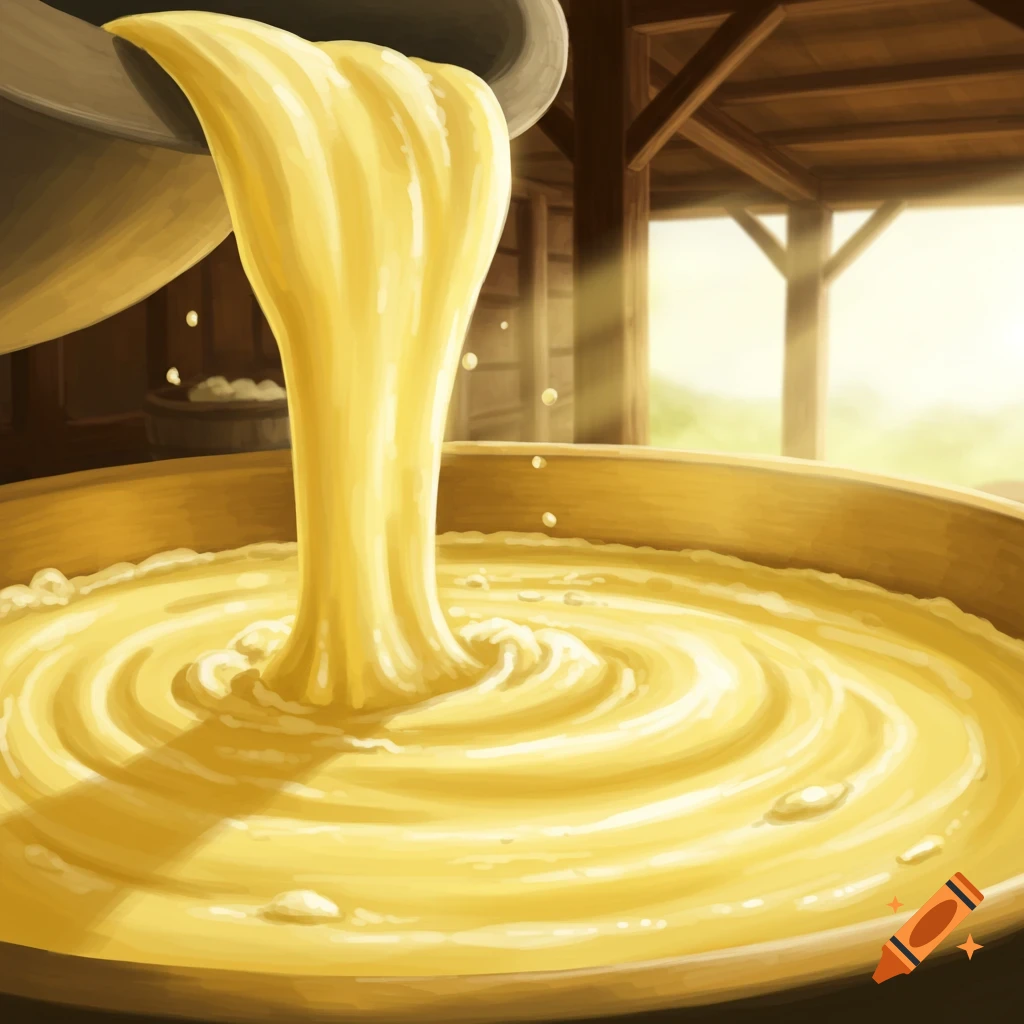 Illustrated golden butter whey pouring into a large vat within a rustic wooden building.