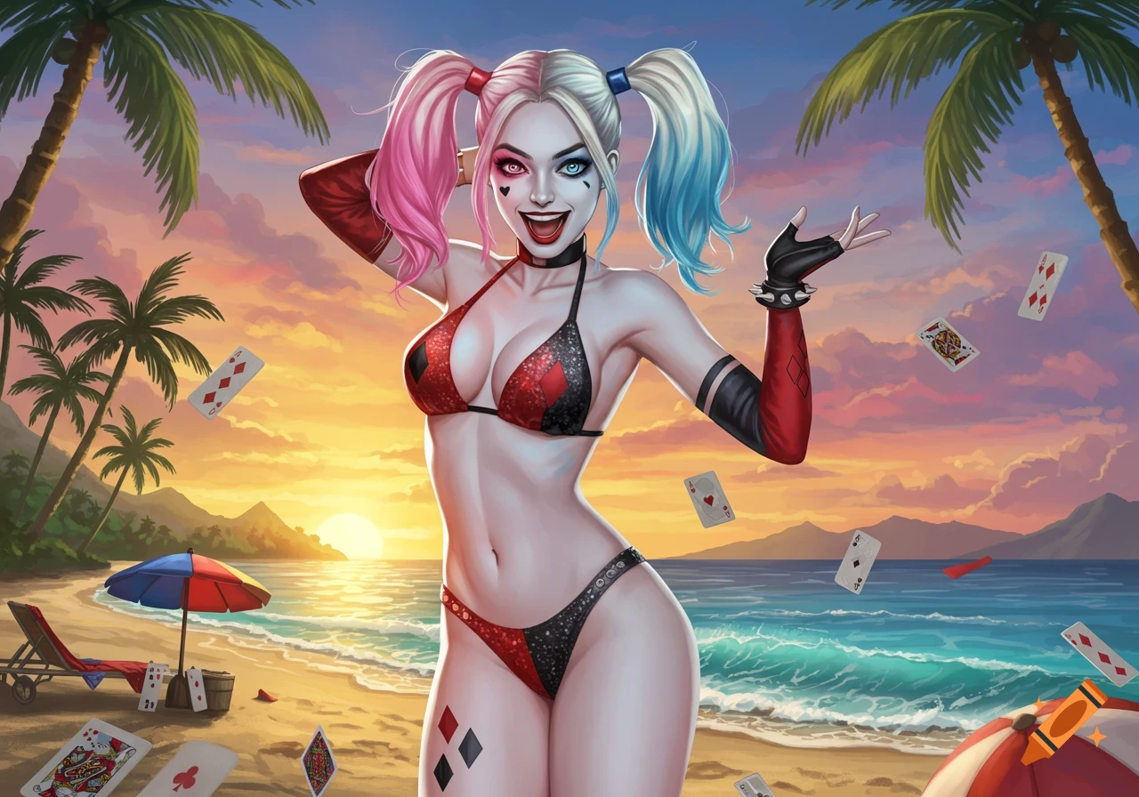Comic art of Harley Quinn in a red and black bikini, posing playfully on a tropical beach at sunset with floating playing cards.