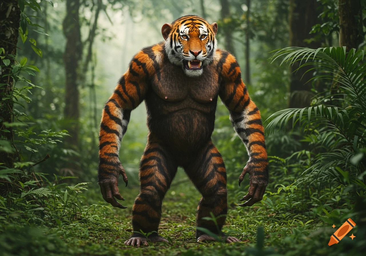 A photorealistic tiger-ape hybrid creature with a tiger head, striped fur, and claws stands in a dense, green jungle.