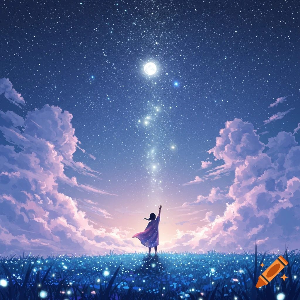A person stands in a field of glowing blue flowers, reaching towards a starry night sky with a full moon and luminous clouds, anime style.