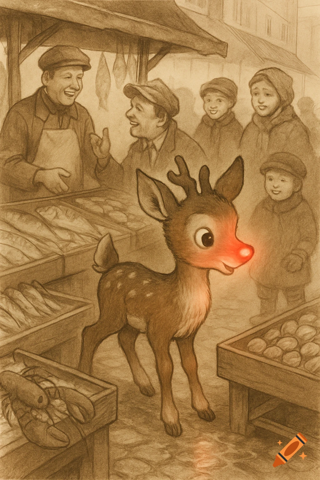 Sepia-toned illustration of Rudolph the red-nosed reindeer fawn standing in a bustling seafood market, observed by smiling vendors and children.