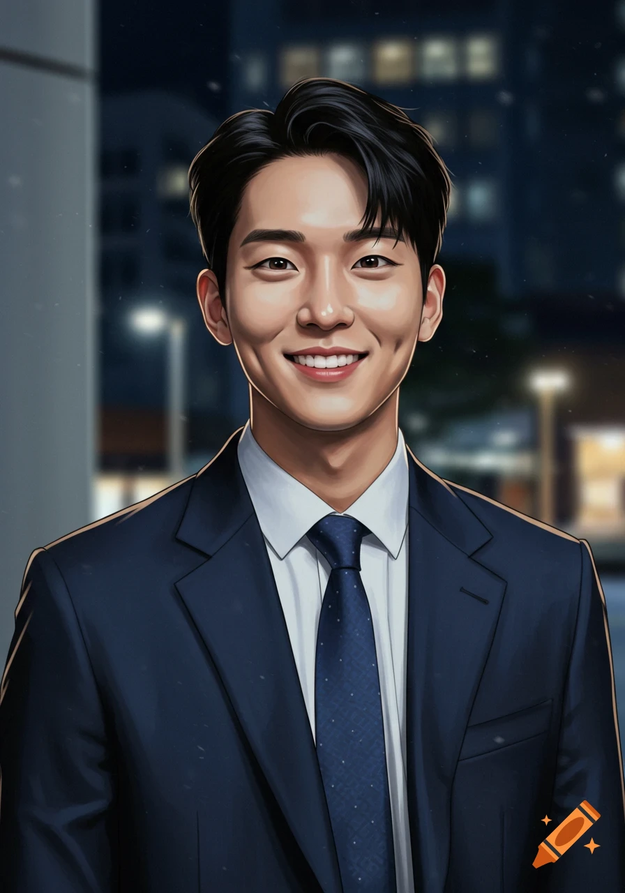 A handsome East Asian man with black hair and dimples smiles, wearing a dark blue suit and tie against a blurred city night background in a stylized art style.