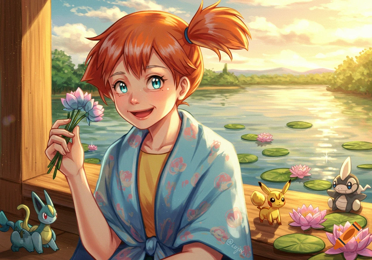 Misty from Pokemon holds blue lotus flowers, smiling by a lake with Pikachu, a Vaporeon-like Pokemon, and another Pokemon nearby. The sun sets over a forested landscape.