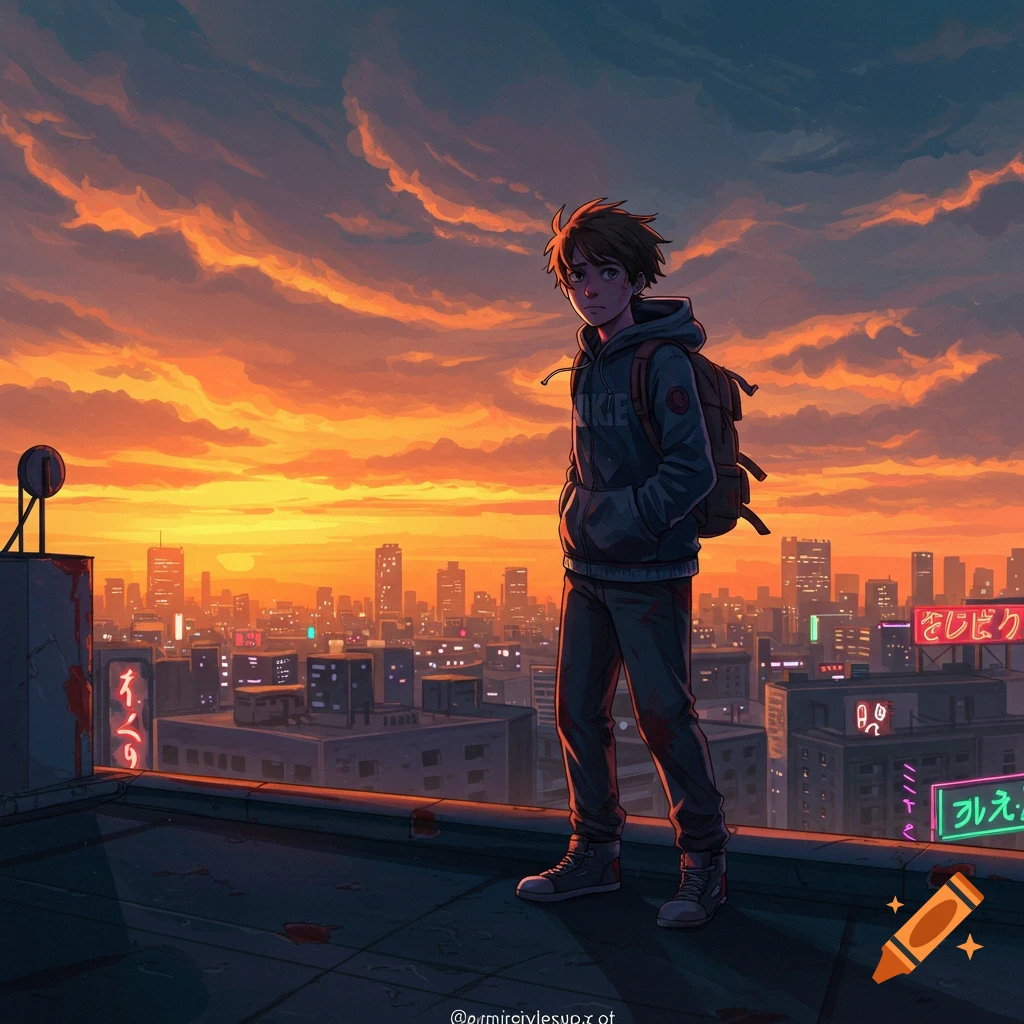 An anime-style young man with a backpack stands on a city rooftop at sunset, looking out over the urban skyline.