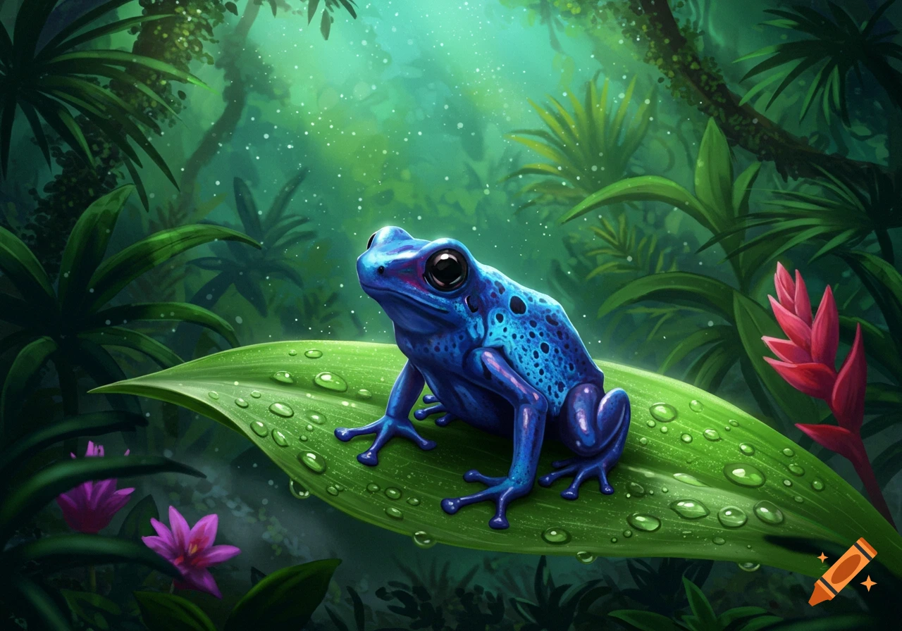 Vibrant illustration of a blue poison dart frog with black spots on a dew-covered green leaf in a lush jungle.