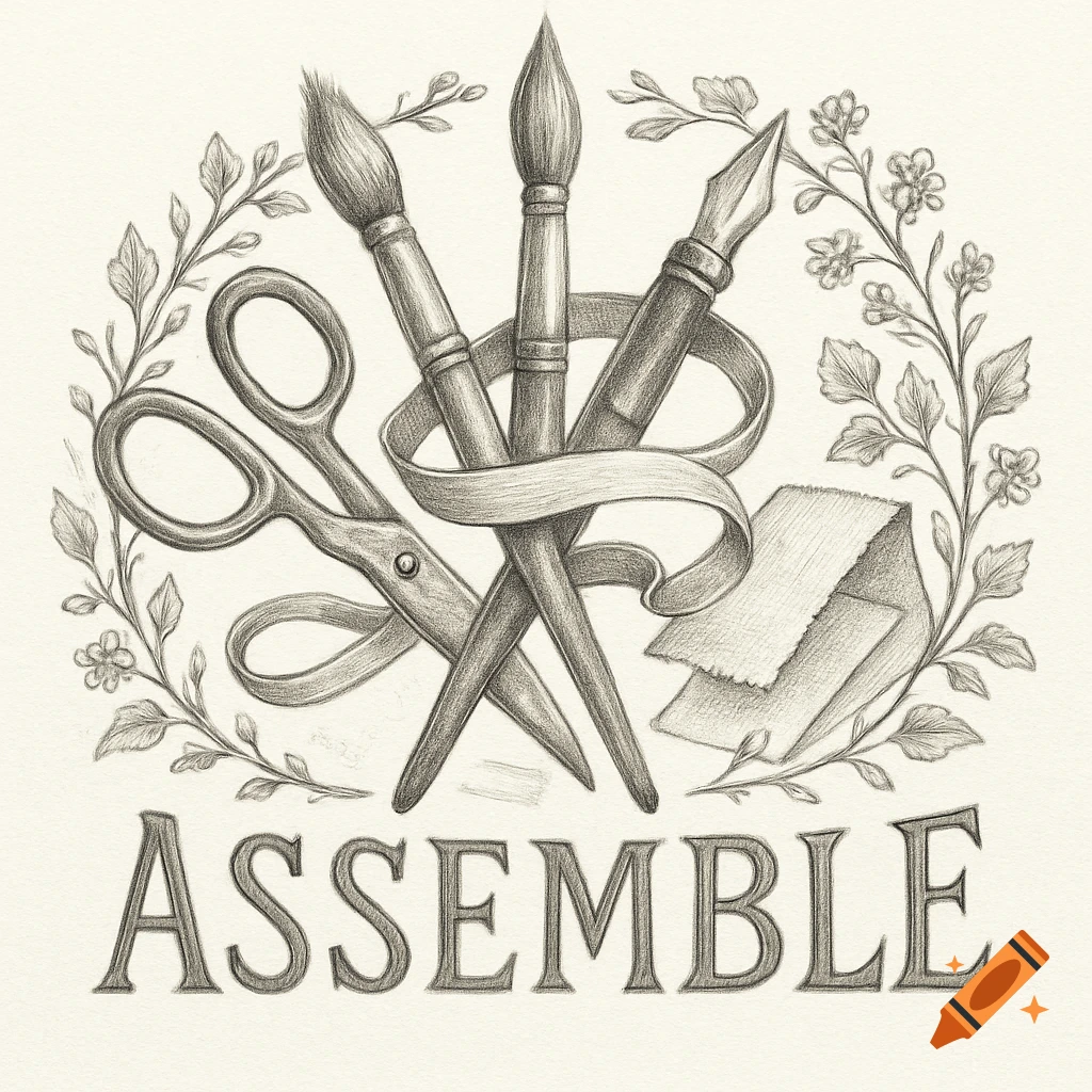 Pencil drawing logo with crossed paintbrushes, a pen nib, scissors, and ribbon, framed by leaves, with 'ASSEMBLE' below.