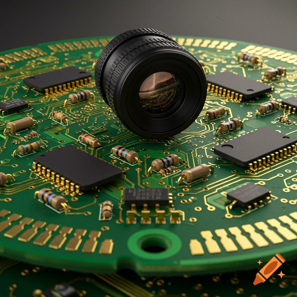 Macro close-up of a black camera lens embedded in a round green circuit board with gold traces, resistors, and microchips.