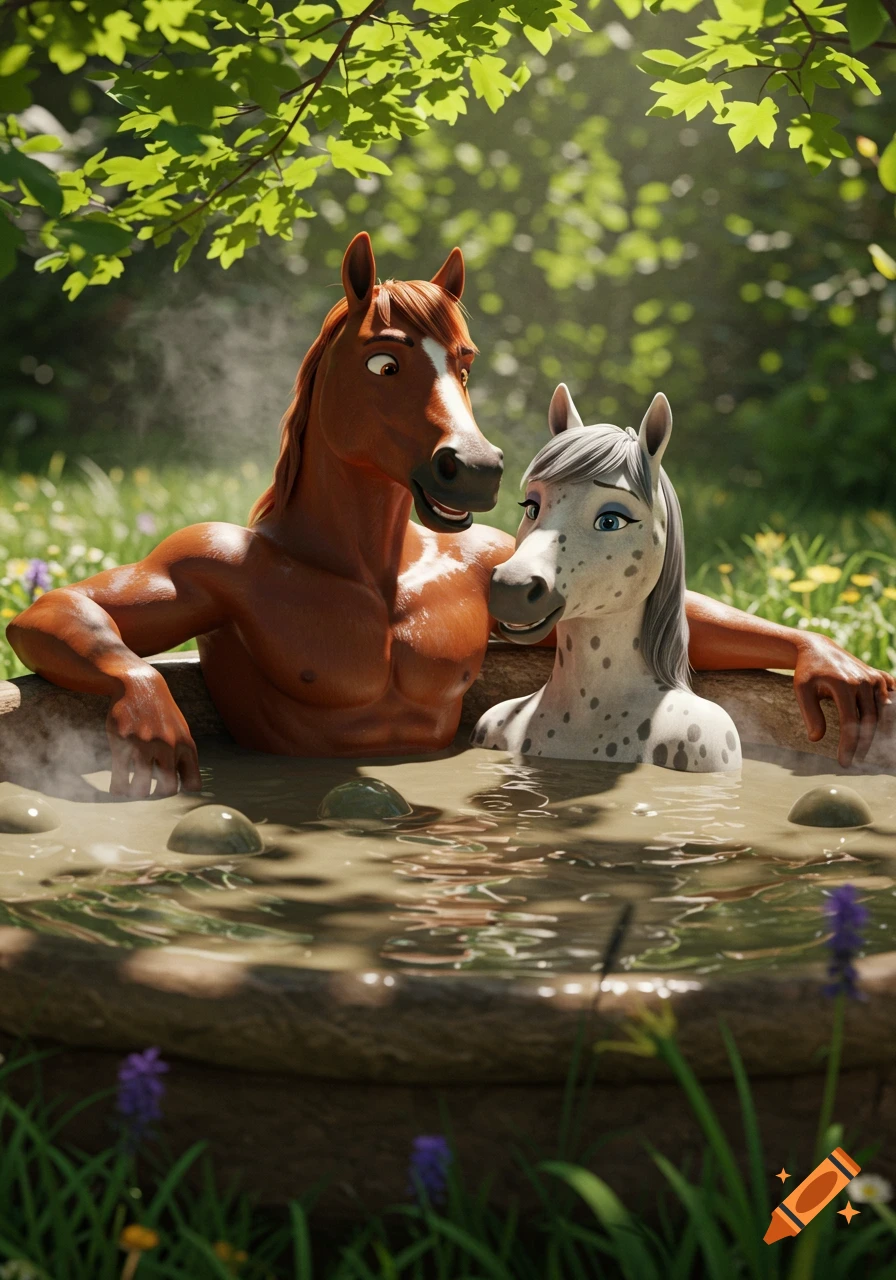 Muscular bipedal horse and a female horse relax in a mud hot tub in a lush forest, 3D animation.