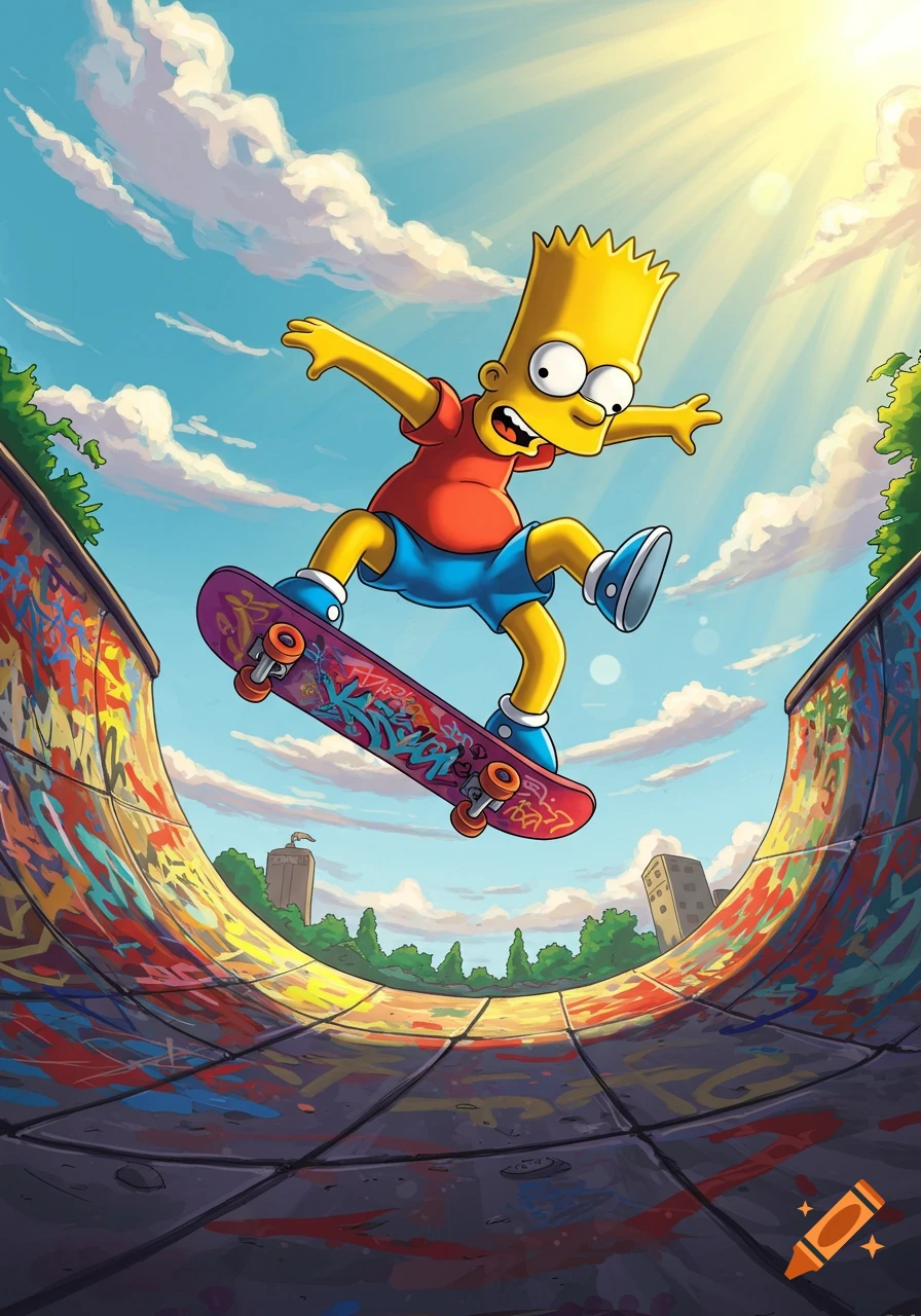 Bart Simpson on a skateboard, mid-air above a colorful graffiti-covered ramp under a bright, sunny sky in a vibrant cartoon style.