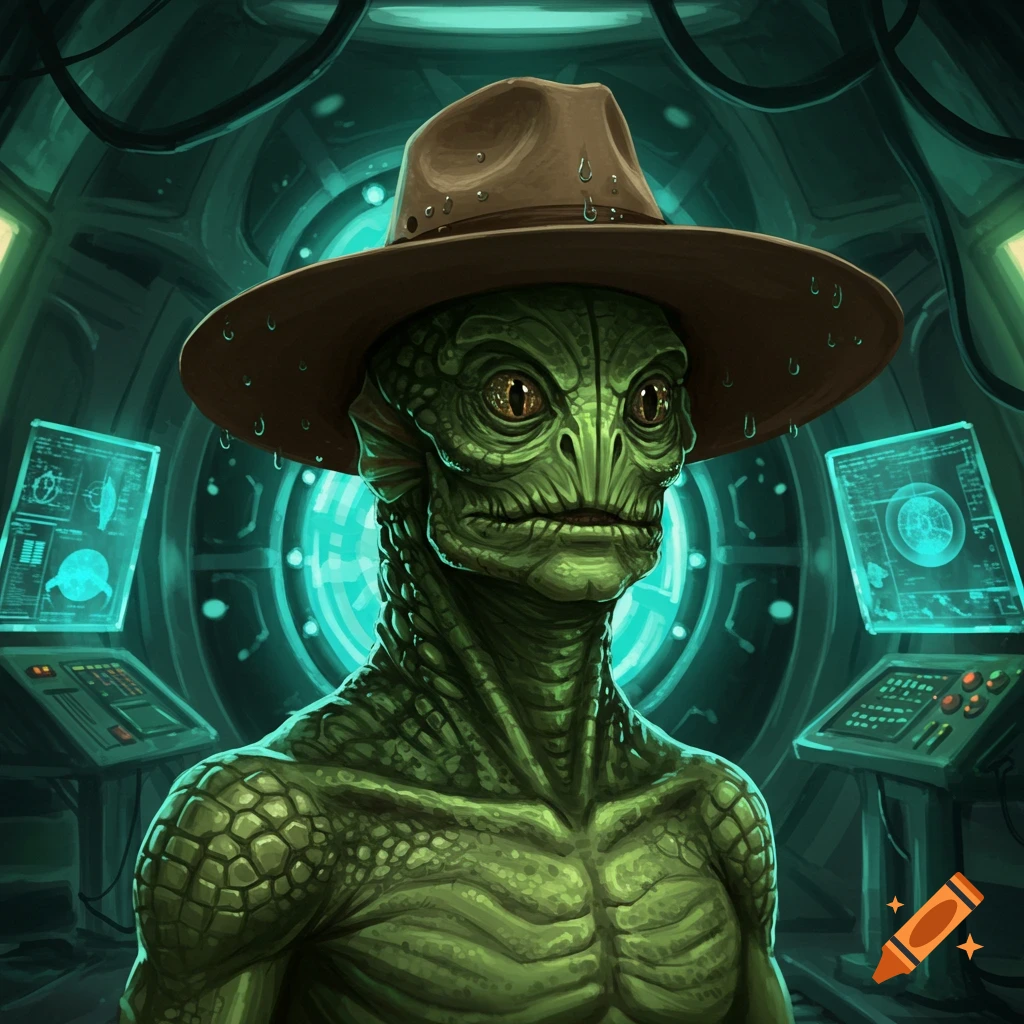 A reptilian alien with a brown fedora in a futuristic green control room, digital art.